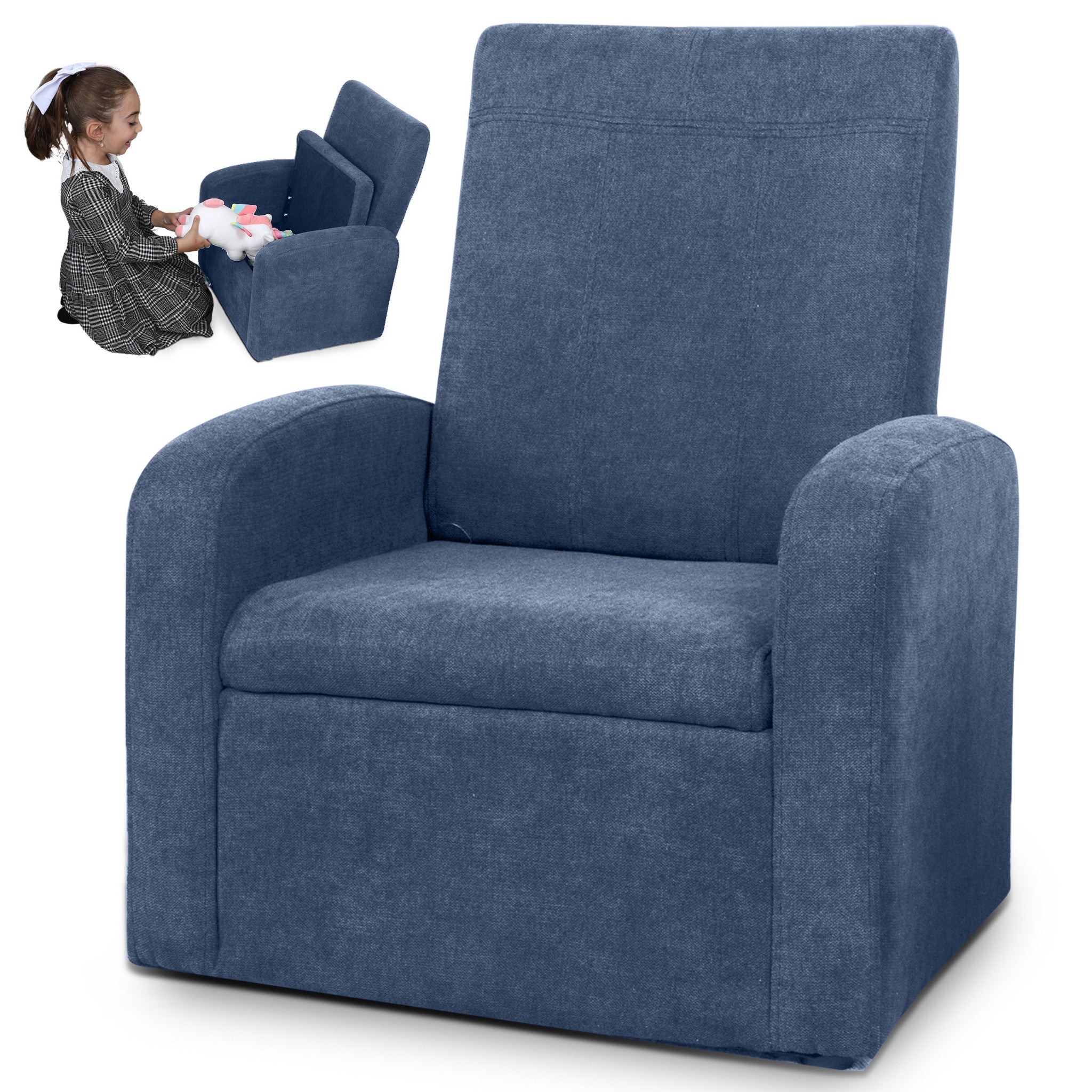 Kids Blue Comfy Upholstered Recliner Chair with Storage-2